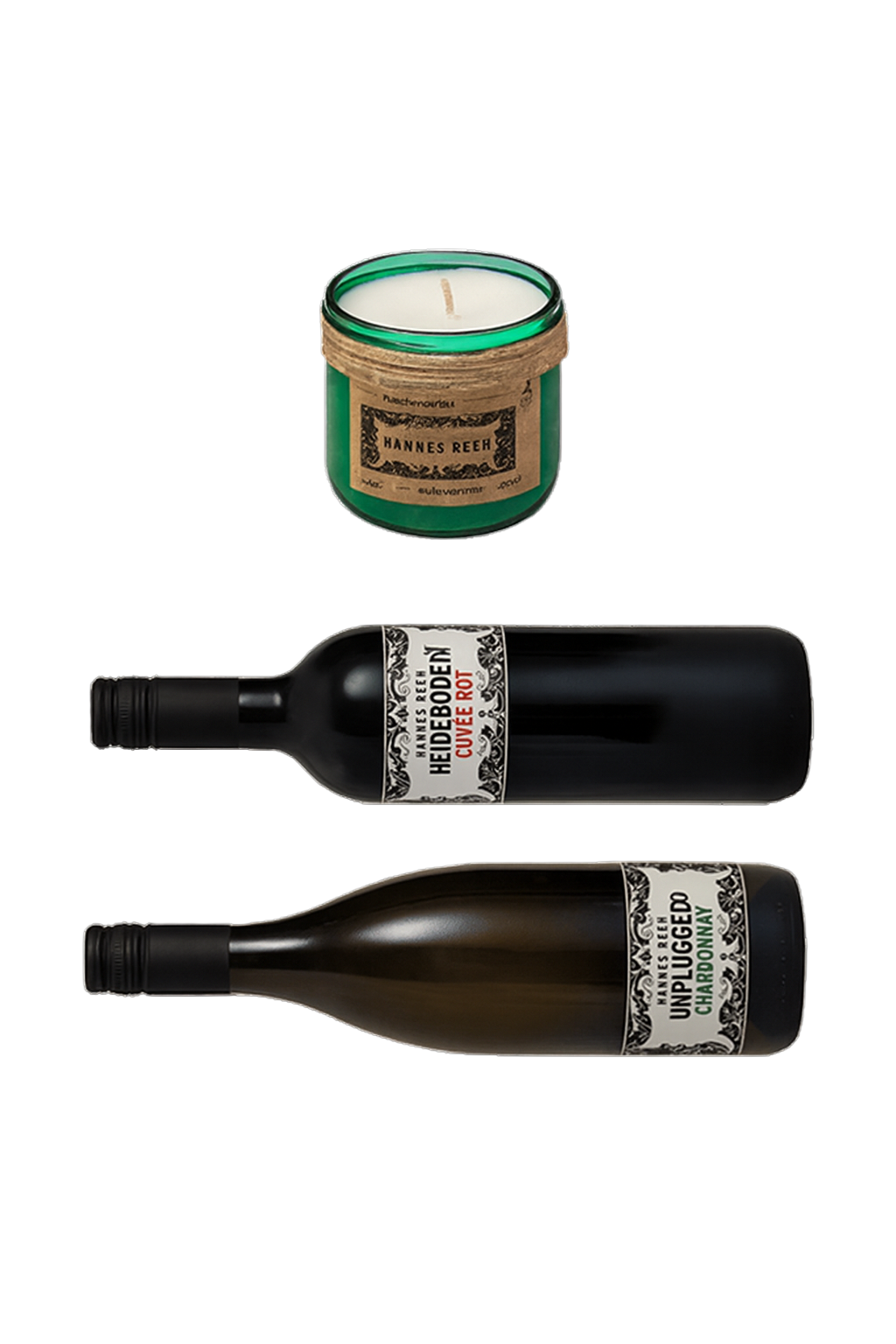 Set aus zwei Flaschen Wein und einer Kerze